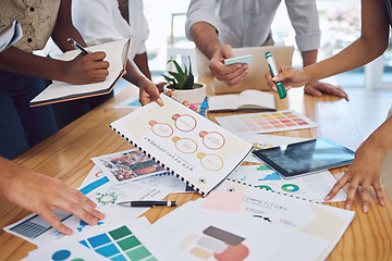 Image showing Finance business people planning with documents in meeting, talking with financial paperwork in workshop and writing data and stats in book with team. Accountant workers in accounting collaboration