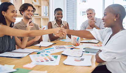 Image showing Creative business people handshake in a meeting for thank you, promotion or design innovation and success with team applause. Diversity group shaking hands for collaboration deal, teamwork or welcome