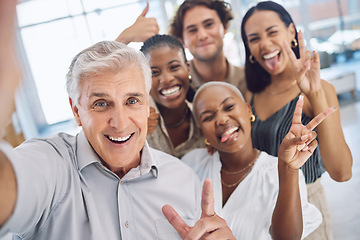 Image showing Peace hand, selfie and office friends at fun and friendly company with playful business culture. Team photo in a meeting with diverse, goofy and silly staff with positive coworking relationship.