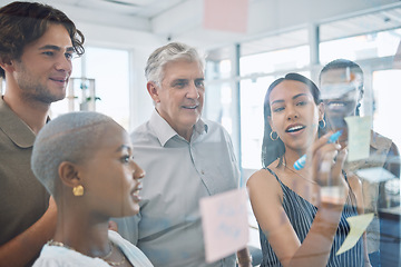 Image showing Business people planning with sticky note in meeting, team collaboration during presentation on glass in office and teaching analytics to employee in workshop. Manager training workers on strategy