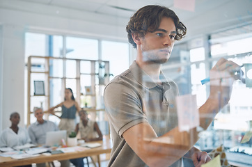 Image showing Corporate team planning a strategy while writing on glass board to work on a project in an office. Creative group discussing business, research and marketing in meeting in the company conference room