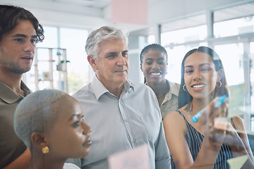 Image showing Teamwork solution, planning strategy ideas and employee collaboration in learning, meeting and vision on glass wall in creative agency. Diversity, business people and designers working schedule notes