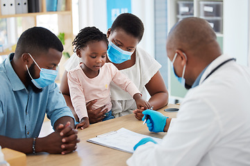 Image showing Black family, consulting and pediatrician with covid, vaccine or medical, healthcare checklist. Doctor, questions and exam for young girl patient with her parents in hospital or clinic room