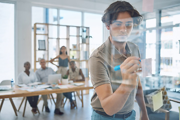 Image showing Businessman writing, planning and brainstorming on board in a collaboration meeting. Productive or creative project management people with vision, ideas or mindset for company or business innovation