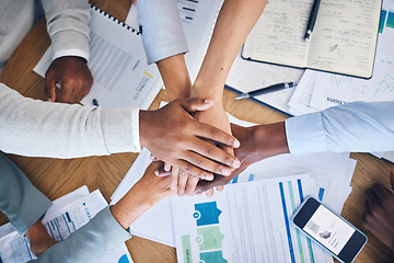 Image showing Teamwork, office and collaboration of hands at work together to show job community and support. Diversity of business team ready for working on a digital sales market project, strategy and innovation