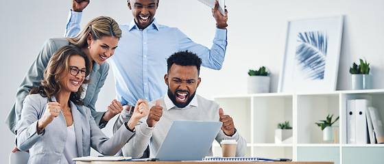 Image showing Stock market, bitcoin success and finance team in celebration after crypto global news on the internet. Fintech, yes and happy financial men and women trading ethereum excited about winning profits