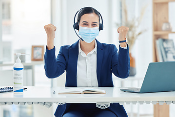 Image showing Covid, yes and support with a call center or customer service operator in celebration in an office with a headset. Contact us, crm or telemarketing with a young female in the corona virus pandemic