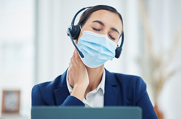 Image showing Covid, neck pain and call center customer support consultant tired, stressed and burnout while working at help desk. Headache, woman and contact agent in medical mask for health risk compliance