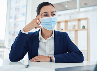 Image showing Covid, mindset and vision with a business woman in a mask on a conference call or video meeting in her office. Strategy, planning and training with a female employee talking about the company mission