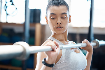 Image showing Workout, fitness and exercise woman with barbell in gym for health, cardio and wellness. Healthy, strength and sports bodybuilder or athlete training for weight lifting and muscle power competition.