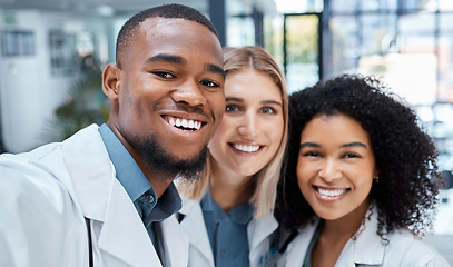 Image showing Doctor, healthcare and selfie with a medicine team of medical staff working together in a hospital or clinic. Health, wellness and collaboration with a group you can trust with your treatment or care