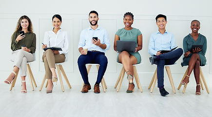 Image showing Diversity and ux web design team interview with technology waiting for recruitment or hiring team. Portrait of online webdesign people ready to recruit for a cyber, tech and digital work logo