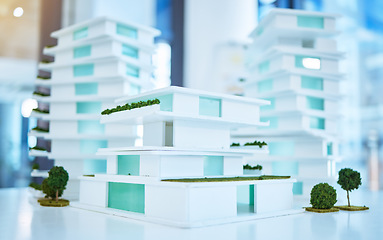 Image showing Architecture, design and construction site model of 3d building project management idea. Creative, innovation and vision with engineering company planning on office building space