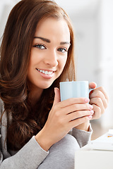 Image showing Portrait of happy, relax and smile woman drinking tea, coffee or latte. Beauty, face and happy girl model with perfect white teeth and a mug, drink or beverage in hand relaxing with happiness.