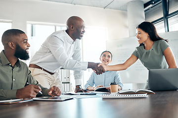 Image showing Handshake, office diversity and meeting welcome for company onboarding or partnership together. Introduction, agreement and negotiation with workforce people in corporate company boardroom.