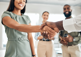 Image showing Handshake, teamwork and collaboration with the hands of business people in agreement, deal or thank you in an office at work. Meeting, partnership and welcome with an employee and partner at work