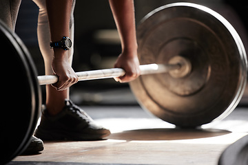 Image showing Barbell deadlift hands, strong fitness and power of black woman, athlete and bodybuilder in gym, sports workout and exercise. Closeup floor start, healthy muscle training and heavy challenge lifting