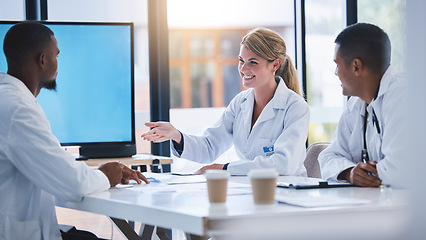 Image showing Doctor collaboration and medical innovation discussion in meeting by diverse group, happy and smiling. Health care professional sharing vision and mission while doing drug trial review and analysis