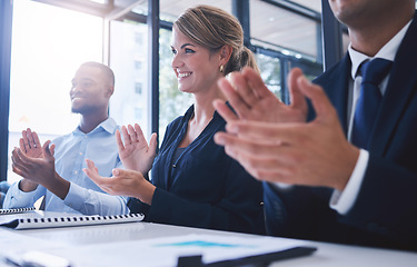 Image showing Teamwork training, workshop and clapping team in presentation, business meeting or office tradeshow. Diversity employees, motivation or people success for innovation or company education with paper