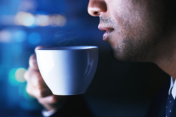 Image showing Coffee, relax and man breathing in aroma of beverage after work in bokeh at night. Break, face and person taking in aromatic smell or tasting delicious fresh espresso, caffeine or cappuccino.