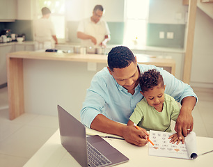 Image showing Father, child and learning to color in a book, helpful dad teaching son to hold a pencil at home. Happy family man helping his kid with homework on break from working on laptop in the kitchen.