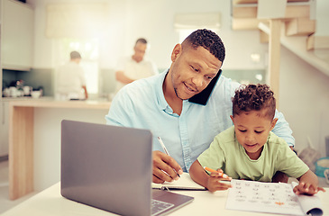 Image showing Remote, business man and parent multitasking with child at home, talking on phone call and help with homework. Productive single father online project management while discuss strategy and balance