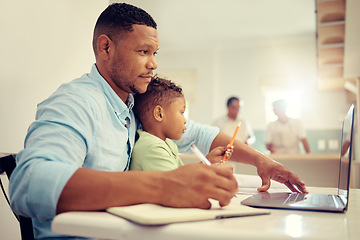 Image showing Father, busy and typing on laptop and working while son plays at home. Serious parent trying to work on technology and child watches. Man freelancer bonding with adorable little playful curious boy