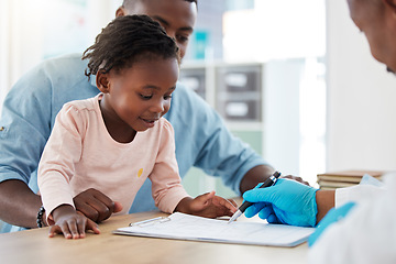 Image showing Family medical doctor consulting child, african girl smile and black man in healthcare hospital room communication. Check patient insurance information, dad holding kid and prescription of medication