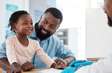 Image showing Doctor consultation with a black family, baby and father in a hospital or clinic office for healthcare, insurance and trust. Happy child in a checkup medical appointment with male pediatrician expert