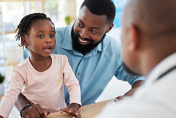 Image showing Kids doctor, black family and consulting hospital worker in medical, insurance or healthcare help. Girl, happy father and pediatric employee in conversation or communication in children wellness room
