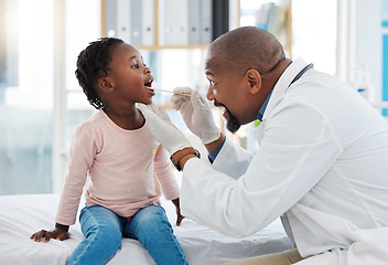 Image showing Doctor and child mouth or throat exam in healthcare hospital wellness room and medical consulting clinic. Medical expert or worker, employee and girl with trust and support for helping covid analysis