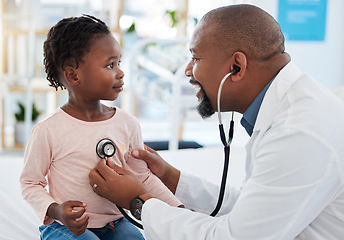 Image showing Pediatrician, consulting and stethoscope for lungs or chest checkup with doctor in medical healthcare hospital or clinic. Medicine, young patient and black man therapist listening to heart of baby