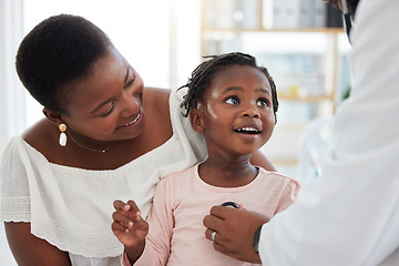 Image showing Pediatrics doctor with stethoscope, mother and child in consultation office. Happy mom and toddler kid in clinic exam checkup or appointment with healthcare worker listening for heart and baby health