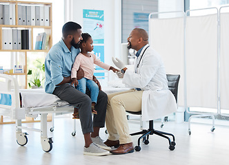 Image showing Pediatrician doctor consulting black kid patient for healthcare service, medical help and wellness check in hospital clinic. Friendly, trust and kind african family gp expert for healthy child advice