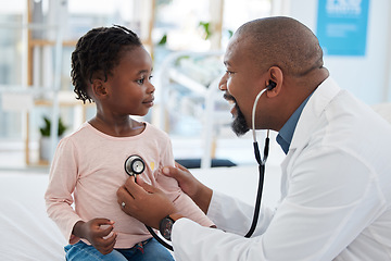 Image showing Kids doctor, stethoscope and consulting hospital worker in medical help, insurance exam or lung test. Happy smile or pediatrician healthcare employee with girl patient in children medicine cardiology