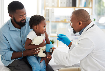 Image showing Child doctor, pediatrician vaccine and healthcare facility with a kid patient and father for vaccination. Children and family hospital or clinic with medical consultant work to get a girl healthy