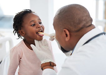 Image showing Children doctor, tongue and throat exam in healthcare hospital, wellness room and medical consulting clinic. Medicine worker, employee and man with trust and support for girl in covid mouth analysis