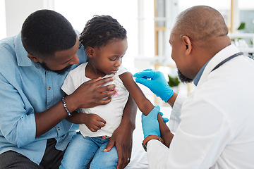 Image showing Covid, dengue and medical vaccine of a child with father and kid doctor or pediatrician. Healthcare worker work and help with medicine injection in a family hospital, baby clinic or health facility