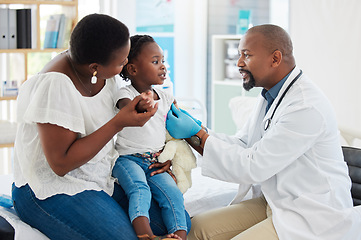 Image showing Band aid, covid vaccine and kids with doctor, healthcare employee or medical pediatrician in hospital. Black family, mother or girl for global virus medicine as security, safety or wellness insurance