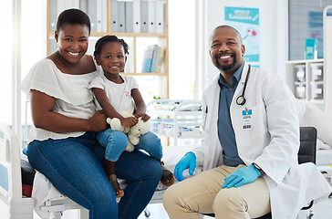 Image showing Black people consulting pediatrician family doctor for patient healthcare service, medical help and wellness checkup in clinic surgery. Portrait smile, happy and trust african gp with healthy advice