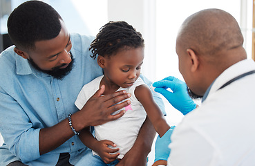 Image showing Healthcare, vaccine and doctor with child patient cleaning shoulder with hygiene material with help or support of father. Kid at appointment with medical professional clean arm for shot or injection