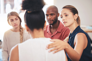 Image showing Cancer support, mental health or drugs rehabilitation group for counseling or therapy help. Community solidarity, care and trust of a woman offering a helping hand to a female member with depression