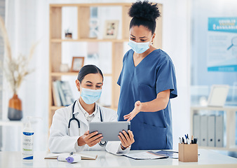 Image showing Covid, mask and tablet with a doctor and nurse in the hospital doing research online for diagnosis and treatment. Teamwork, collaboration and meeting with medical staff in a clinic for healthcare