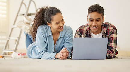 Image showing House, interior design and couple on laptop working on renovation, planning for creative design for home living room. Portrait of young man and woman on floor building or construction of new property