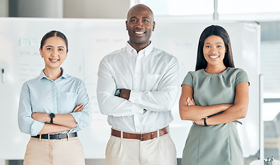 Image showing Team, leadership and diversity with portrait of business people standing with arms crossed in office. Women and black man leader working together for collaboration, innovation and mission for success