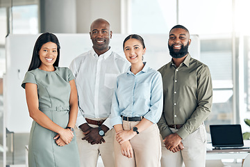 Image showing Diversity, global office and teamwork with motivation, vision and innovation for business, company or success. Portrait of smile, happy and collaboration men, women and corporate workers for about us