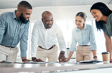 Image showing Business people teamwork, paperwork planning and company meeting of diversity collaboration, data research and reports in agency. Smile employees, happy growth strategy and sales budget management