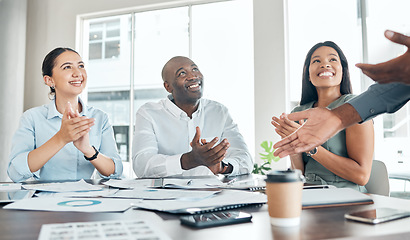 Image showing Clapping, workshop and teamwork business meeting with happy marketing men, women and office kpi paper. Diversity, motivation and planning innovation idea in success training or education presentation