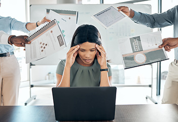 Image showing Stress, time management and paperwork of a business woman with laptop, folder and company deadline at office job. Headache, burnout and hands with marketing administration report and KPI document