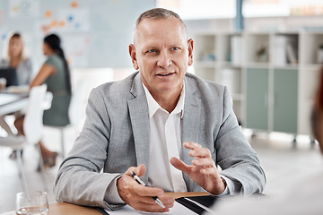 Image showing Businessman planning in meeting at work, interview with employee at legal startup company and recruitment of worker. Lawyer, manager and corporate boss in contract discussion in business partnership